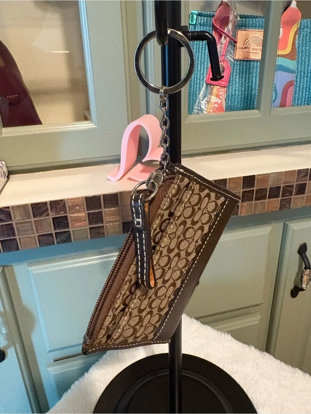 Coach Brown Signature Canvas Wristlet Keychain